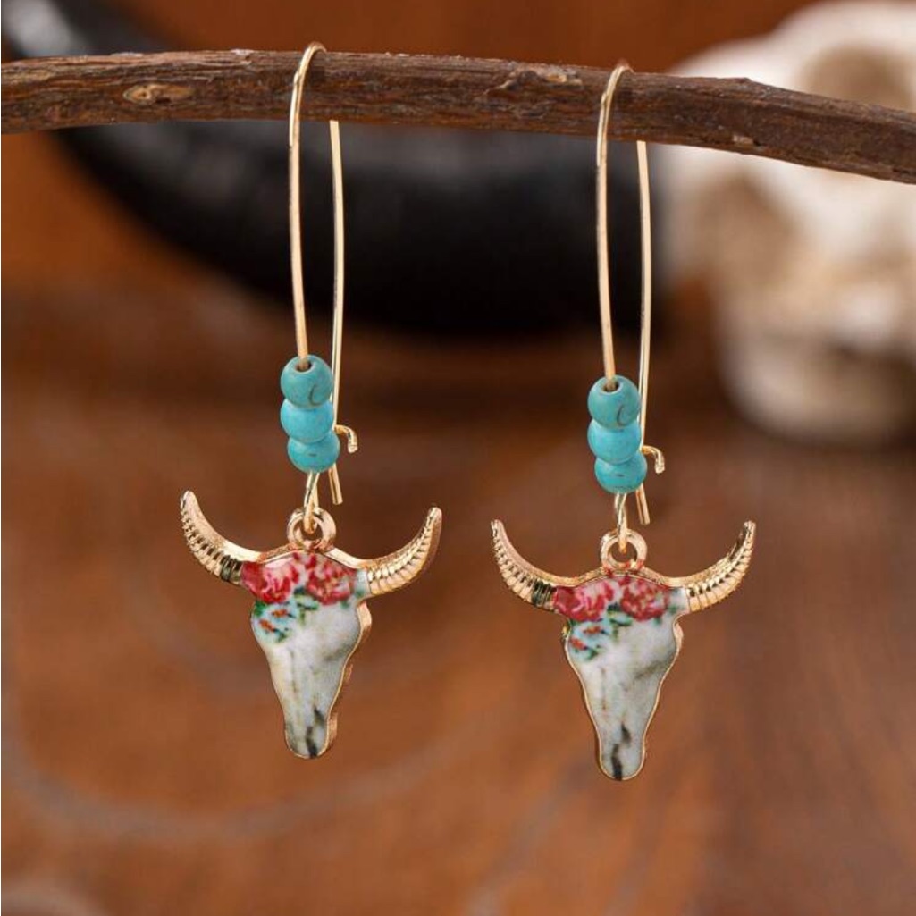 Coming Turquoise Bead Gold Bull Skull Drop Earrings - Boho Floral Accent